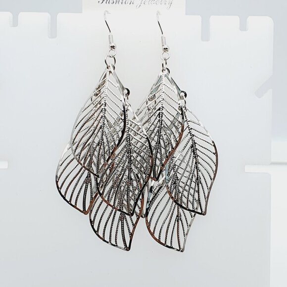 Silver Layered Filigree Leaf Dangle Earrings, AZFA1157 - Picture 1 of 10